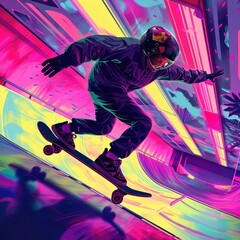 A modernized retro skateboard scene With neon colors and vintage 90s fashion Set in a dynamic urban skatepark
