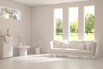 White living room concept with sofa. 3D illustration