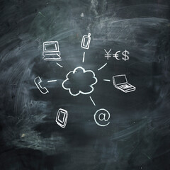 Cloud computing & technology symbols drawn on chalkboard.