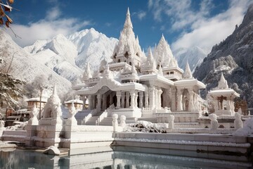 A stunning old white marble Hindu temple nestled in the Himalayas. Generative AI