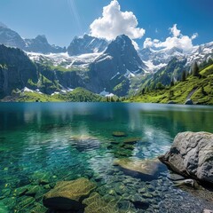 A serene alpine lake surrounded by snow-capped mountains With crystal-clear water and a peaceful ambiance Symbolizing tranquility Natural beauty And escapism