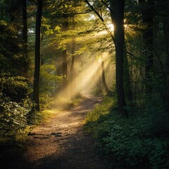 A serene and mystical forest path with sunlight filtering through trees