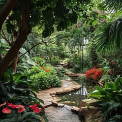 A serene and lush botanical garden with a variety of exotic plants and flowers Winding paths And tranquil ponds Symbolizing peace Nature And biodiversity