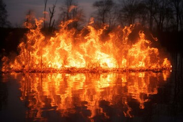 Enormous flames mirrored on water. Generative AI