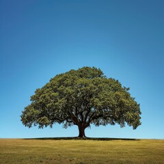 Fototapeta na wymiar A single Majestic oak tree in a field under a clear blue sky