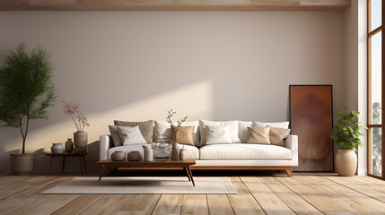 Fototapeta na wymiar Modern, a living room with a simple interior and sofa. Generative AI