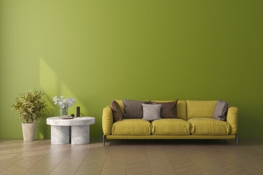 Modern minimalist interior with sofa on empty green color wall background. Hight resolution interior mockup. 3D illustration