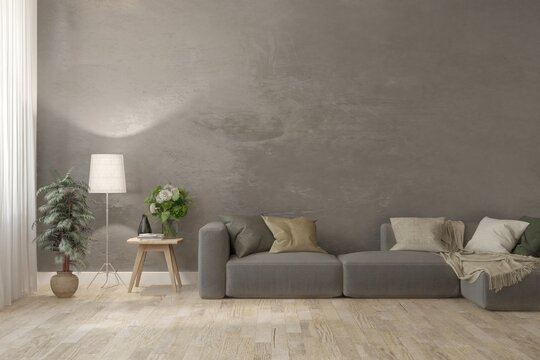 Modern minimalist interior with sofa on empty concrete wall background. Interior mockup. Loft interior design. 3D illustration