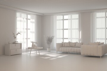 White living room with sofa and summer landscape in window. Scandinavian interior design. 3D illustration