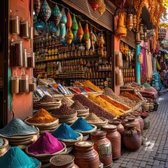 A traditional moroccan market (souk) in marrakech With vibrant stalls Exotic spices And local crafts Illustrating cultural commerce Traditional handicrafts And sensory richness - obrazy, fototapety, plakaty