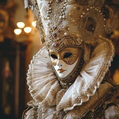 An opulent venetian ball in a historic palazzo With ornate masquerade masks Baroque music And gondola rides Capturing the essence of italian elegance Romance And timeless tradition