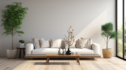 Fototapeta na wymiar Modern, a living room with a simple interior and sofa. Generative AI