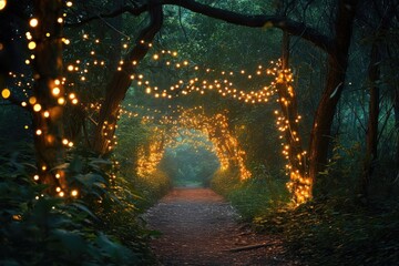 Enchanted forest path lined with twinkling fairy lights at dusk