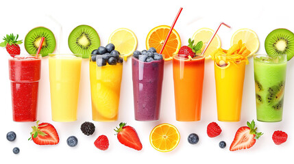 Fototapeta premium Freshly pressed Fruit vegetable juice smoothie with fruits veggie toppings on transparent background cutout. PNG file. Many assorted different flavour. Mockup template for artwork design