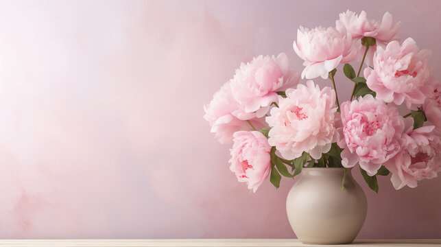 Bouquet of peonies in a vase on a studio background with copy space as a greeting card concept for Women's Day