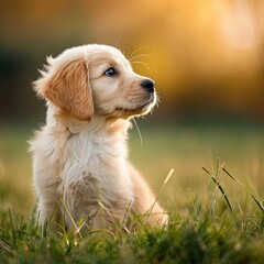 Golden retriever puppy gazing curiously in a grassy field