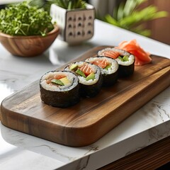 Freshly made sushi roll on a wooden serving board