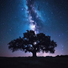 Fototapeta na wymiar Lone majestic oak tree silhouetted against a starry night sky