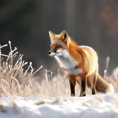 Lone red fox exploring a frosty winter landscape