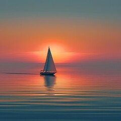 Lone sailboat on a calm sea at sunset