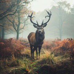Majestic deer standing in a misty forest clearing