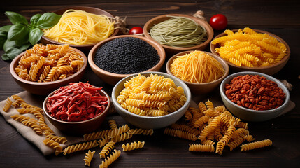 different kinds of pasta on grey wooden table - obrazy, fototapety, plakaty