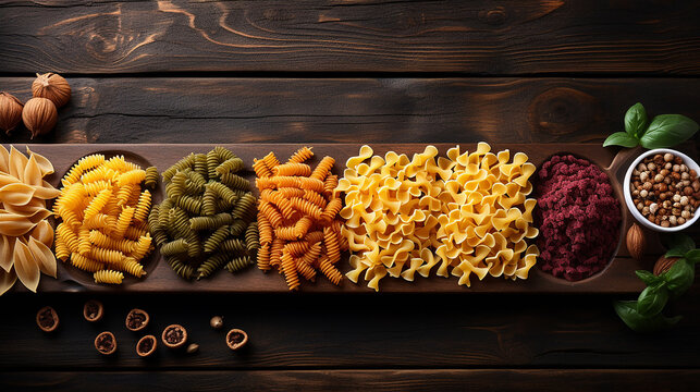 Different Kinds Of Pasta On Grey Wooden Table