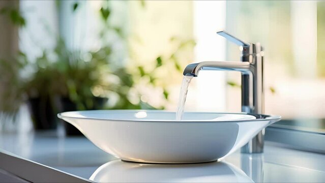 Detailed shot of a modern with a flush lever and clean water in the bowl