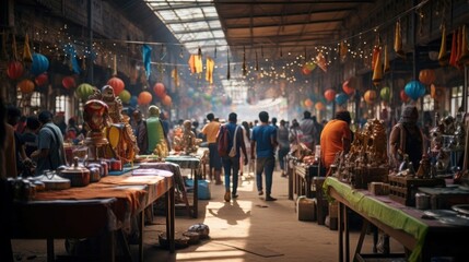 A vibrant street market filled with colorful stalls - obrazy, fototapety, plakaty