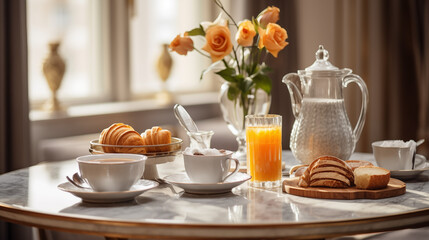 breakfast with orange juice and croissant