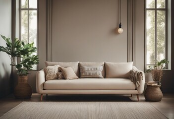Beige fabric sofa against window Boho home interior design of modern living room