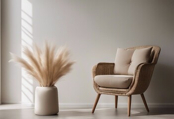Beige barrel chair stump side table and vase with pampas grass against white wall Minimalist home in