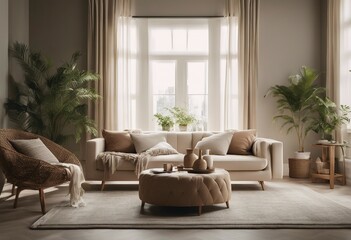 Beige fabric sofa against window Boho home interior design of modern living room