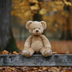 Plush teddy bear sitting on a wooden bench