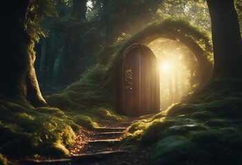 Fantasy enchanted fairy tale forest with magical opening secret door and mystical shine light outsid - obrazy, fototapety, plakaty