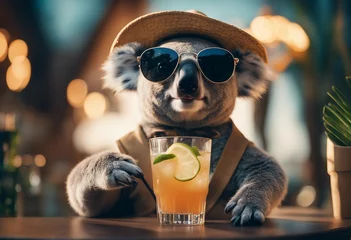 Fototapeten Funny koala wearing summer straw hat and stylish sunglasses holding glasses with cocktail drinks © ArtisticLens