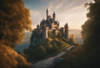 Old fairytale castle on the hill Fantasy landscape illustration - Powered by Adobe