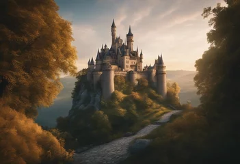 Fotobehang Old fairytale castle on the hill Fantasy landscape illustration © ArtisticLens