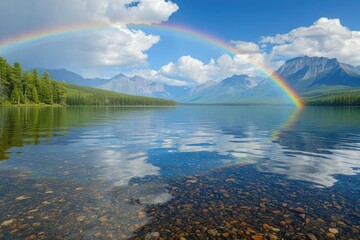 Rainbow reflecting in a crystal clear lake
