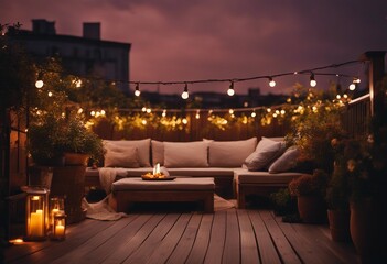 View over cozy outdoor terrace with outdoor string lights Autumn evening on the roof terrace