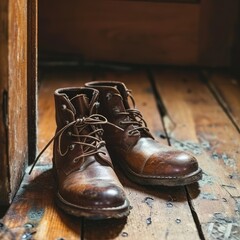 Single vintage leather boot on a wooden floor