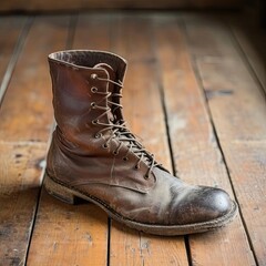 Single vintage leather boot on a wooden floor