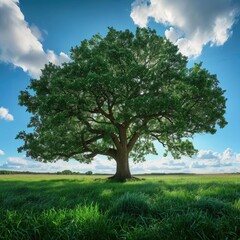 Fototapeta na wymiar Single Ancient oak tree in a lush green meadow