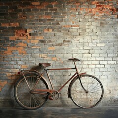 Fototapeta na wymiar Single vintage bicycle leaning against a rustic brick wall