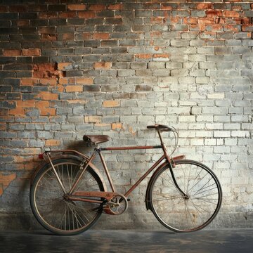 Single vintage bicycle leaning against a rustic brick wall