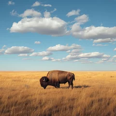 Foto auf Acrylglas Solitary bison grazing in a vast prairie landscape © Jelena