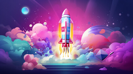 A stylized rocket launching in an abstract environs - obrazy, fototapety, plakaty