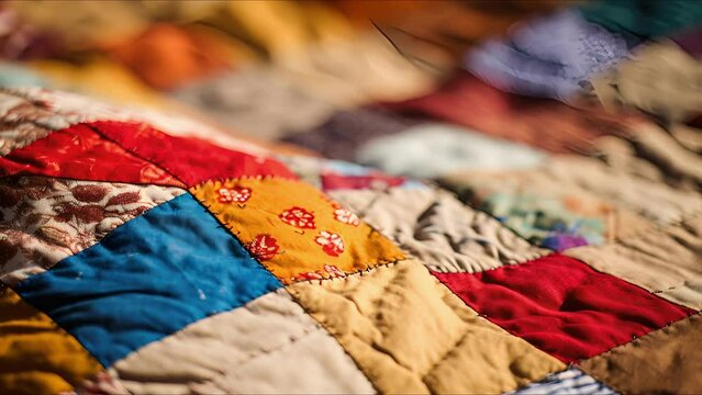 Closeup of a handstitched patchwork quilt made from ss of fabrics, promoting its sustainable and oneofakind nature.