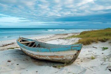 Weather-beaten rowboat resting on a tranquil beach