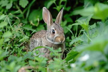 Naklejka na ściany i meble Wild rabbit hiding in a lush garden